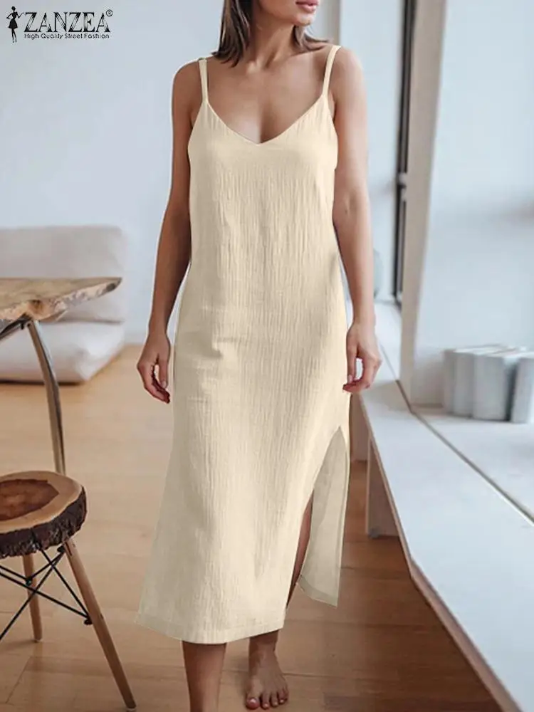 

ZANZEA Summer Fashion Beach Slip Dress Woman Casual Sleeveless Solid Tank Dresses Female V-Neck Split Hem Slim Sundress Oversize