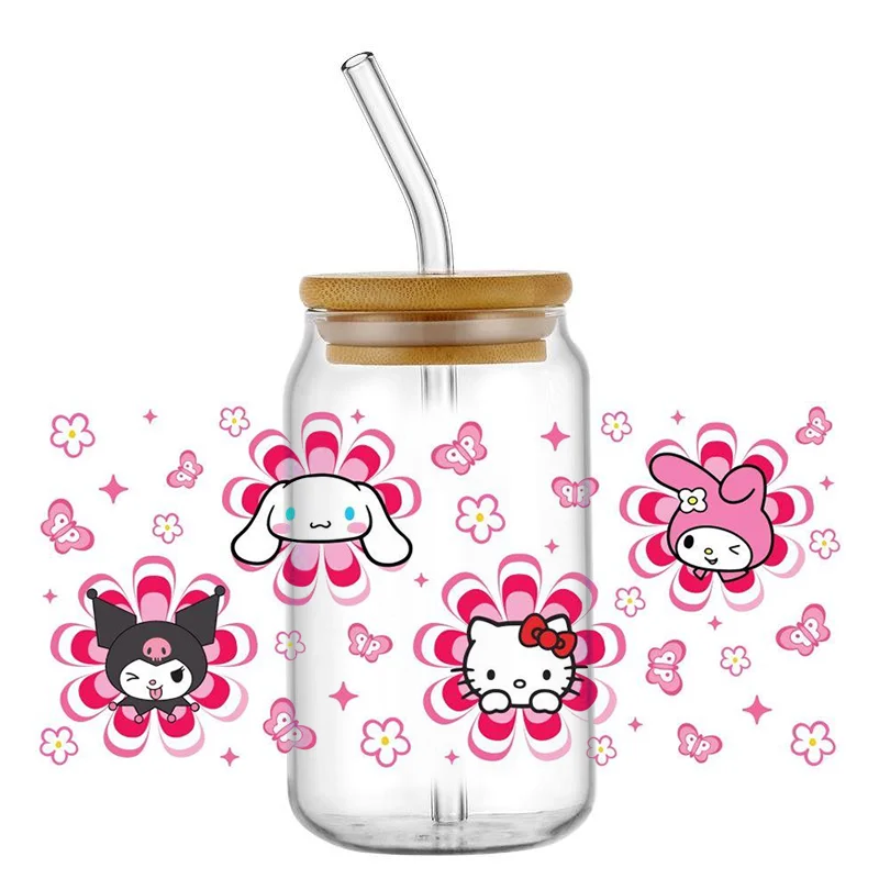 Coffee Can Wraps Miniso Hello Kitty Theme For Libbey 16oz Can Glass Kuromi Coffee Waterproof UV DTF Coffee Can Wrap Libbey Glass 3D Wrap