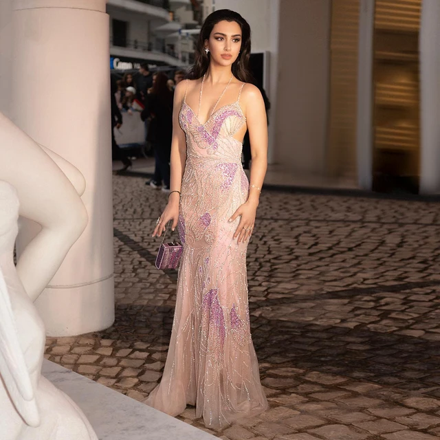 Sharon Said Luxury Mermaid Pink Evening Dresses with Feathers Scarf Straps Dubai Women Blue Wedding Prom Gowns SS478 Customized 1