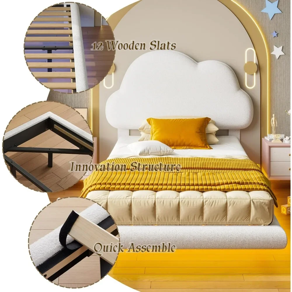 Twin Bed Frames with Cloud Headboard, Upholstered Boucle Floating Platform Bed with LED Lights, Solid Wooden Slats Support 6