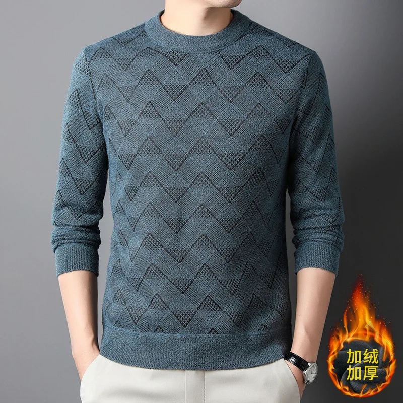 Autumn Winter Round Neck Jacquard Hollow Out Jumpers Hombre Add Plush Bottomed Knitting Pullovers Men Solid Color Casual Sweater