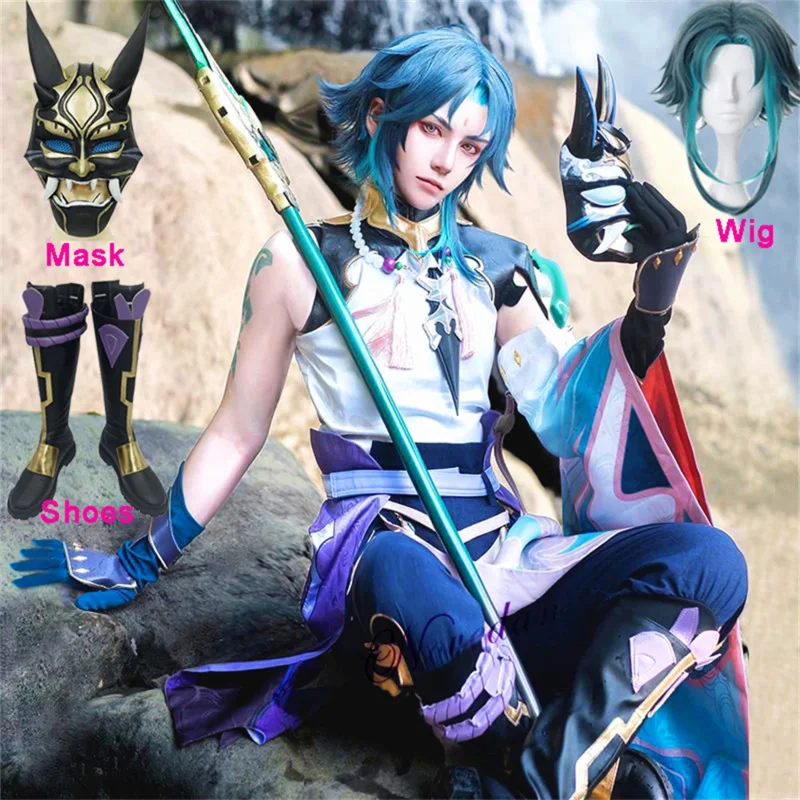 

Anime Cosplay Genshin Impact Xiao Cosplay Full Set Costume Wig Shoes Accessories Mask Halloween Party Costume For Female Male