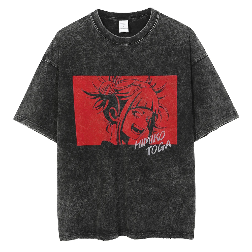 

Men T Shirt Streetwear Hip Hop Oversized T Shirt Cartoon My Hero Academia Graphic Vintage Washed Black Tshirt Cotton Tops Tees