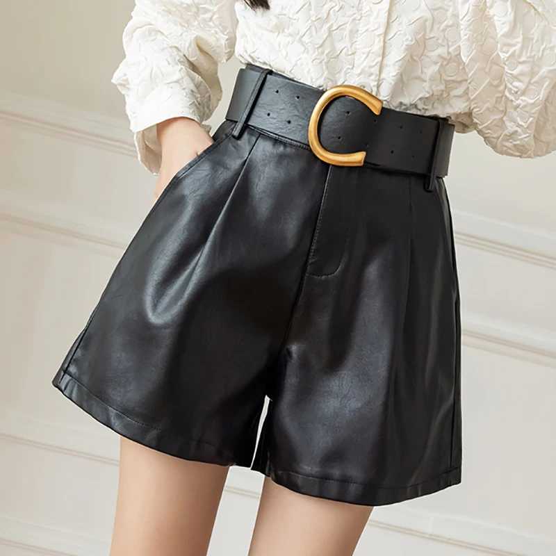 High Street PU Leather Shorts Women Autumn Winter Plus Size Wide Leg High Waist Shorts Feminino With Belt Fashion Short Femme paperbag shorts Shorts