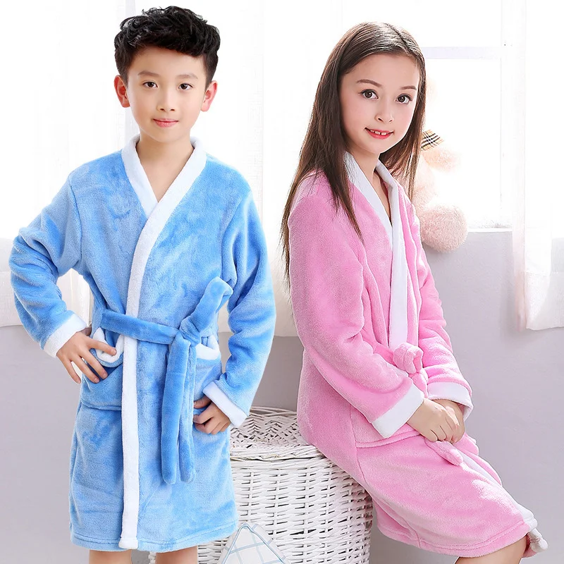 Fashion Solid Color Kids Bathrobe Flannel Long Sleeve Bathrobe For Children Spring Autumn Boy Bath Robe Girls Clothing 5-9 Years