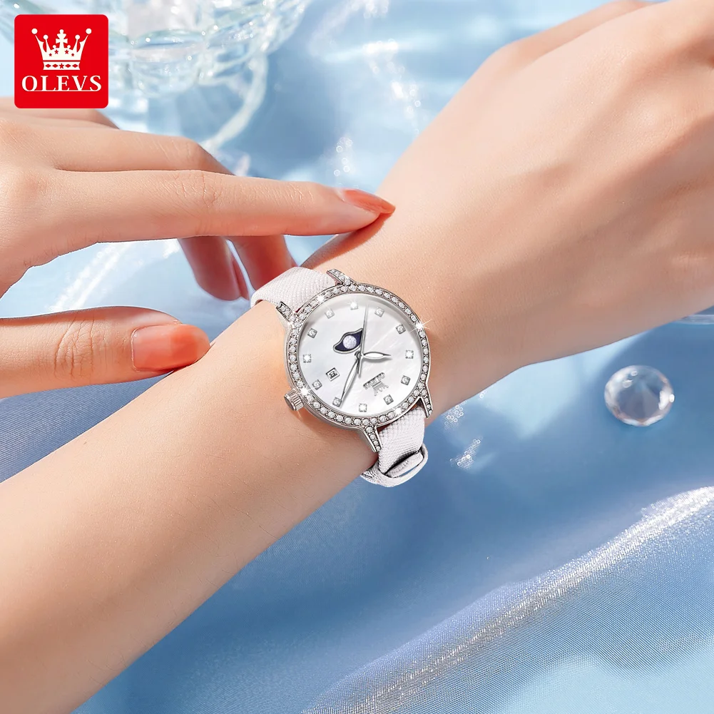 OLEVS Diamond Inlay Quartz Watch for Women Comfortable Leather Strap Women's Watches Simple Dial Waterproof Elegant Wristwatches