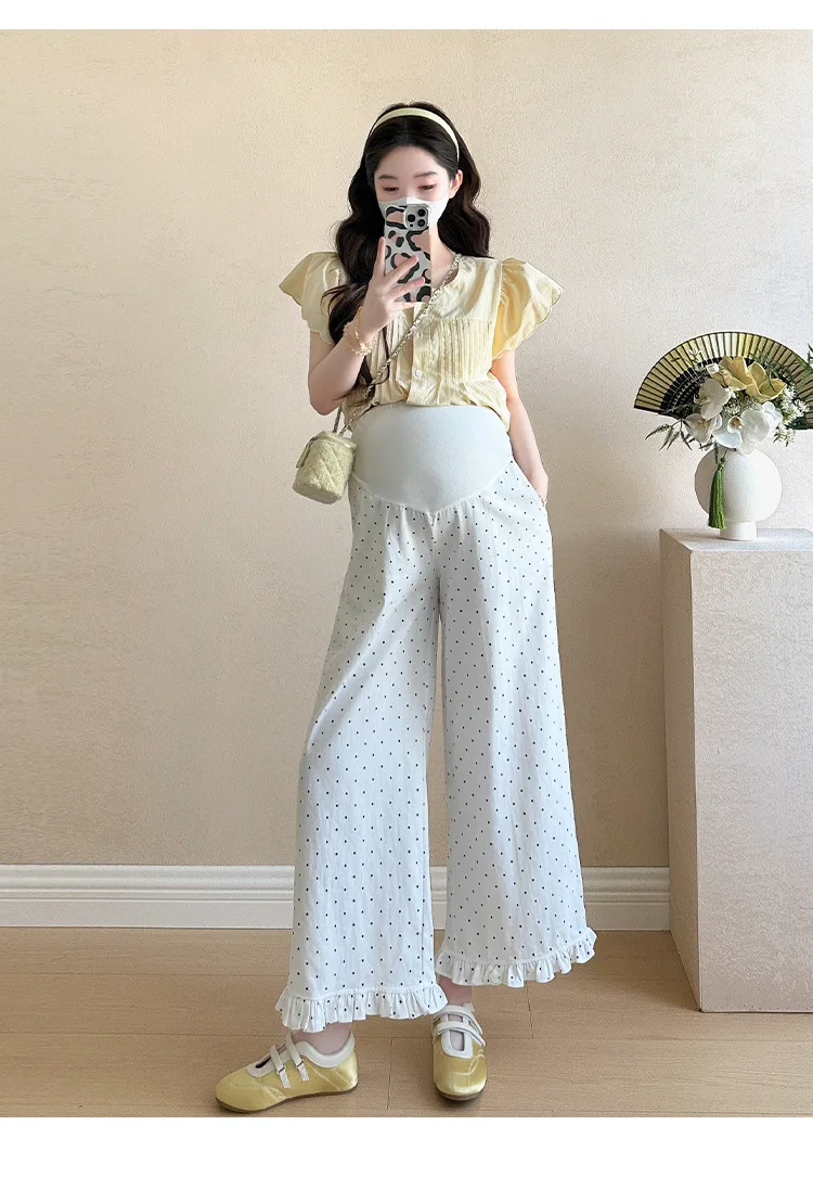 임산부 여름용 스윗하고 귀여운 통기성 좋은 러플 소매 블라우스와 물방울 무늬 와이드 레그 팬츠 투피스 세트