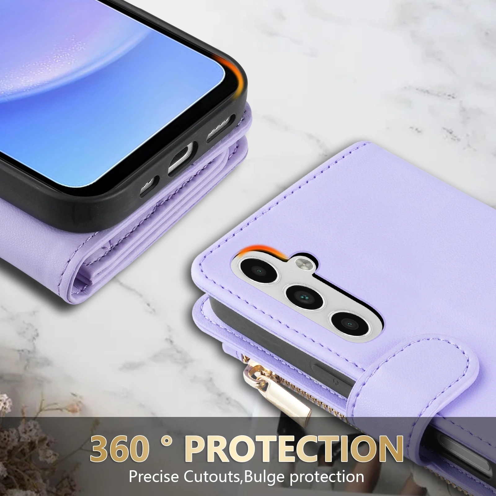 Compact Leather Wallet Case with Fragrance Scent, Zipper, Card Slots, and Magnetic Closure