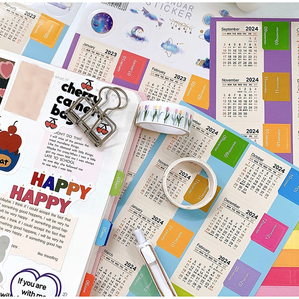 2024 Calendar Stickers 2 Sheets Cartoon Notebook Diary Bookmarks Monthly Planner Index Labels Cute Stationery Stickers Office