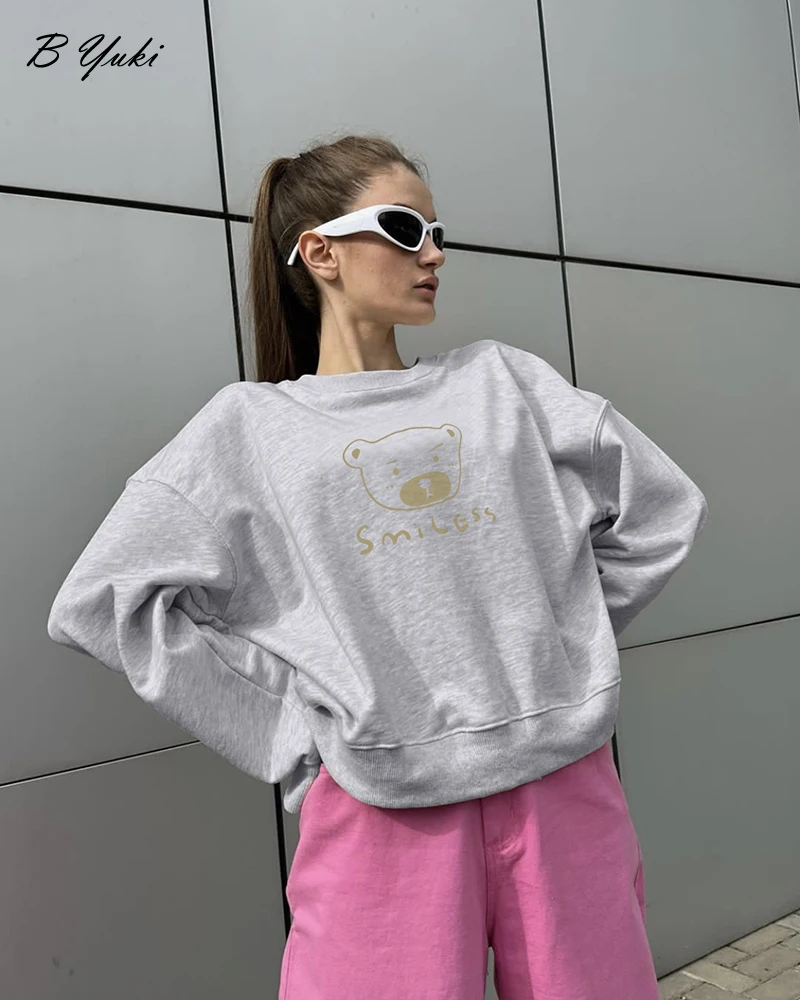 Blessyuki Smile Bear Printed Hoodies for Women Autumn New Vintage Long Sleeve Kpop Streewear Pullover Female Sweatshirt Tops