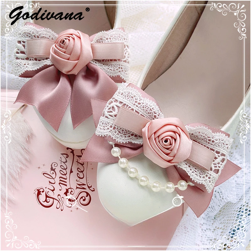 Lolita Princess Pink Shoe Clip Handmade Lace Flower Bowknot Shoe Buckle Detachable Bow Girl Women's Sweet Shoe Ornament