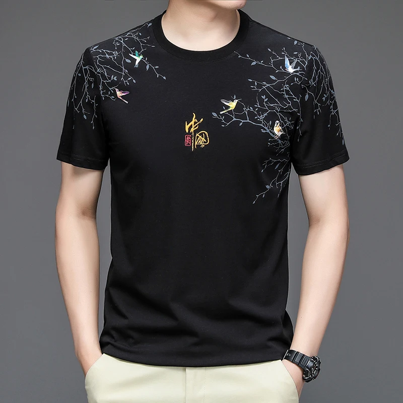 

Футболка мужская с цветочным принтом, хлопковая тенниска с вышивкой, майка с коротким рукавом, лето 2024