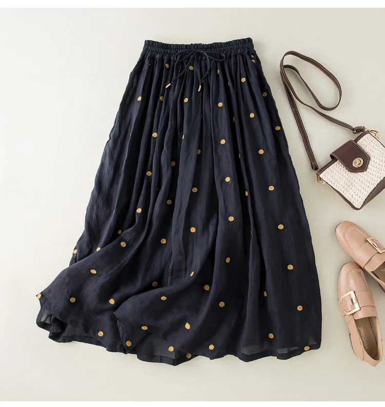 Polka Dot Cotton Linen Skirt Women Drawstring Elastic Waist A-Line Casual Vintage Big Swing Pleated Skirts Summer