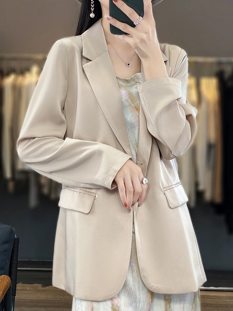 Spring and Autumn Upscale Latest Women's Temperament Solid Color Acetate Satin Smooth Fabric High Grade Fashion Suit Top
