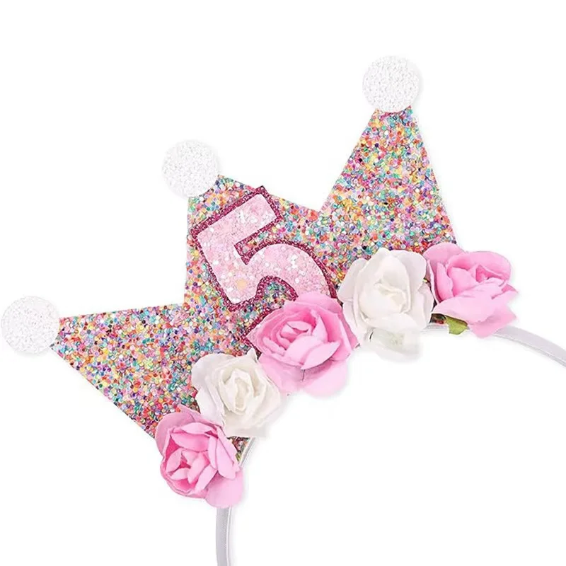 Geburtstags-Stirnband und Schärpe für Kinder von 2–6 Jahren: Blumenkronen-Design mit Glitzer, Prinzessinnen-Stil, bequem, perfekt für Geburtstagsfeiern – Detail 3