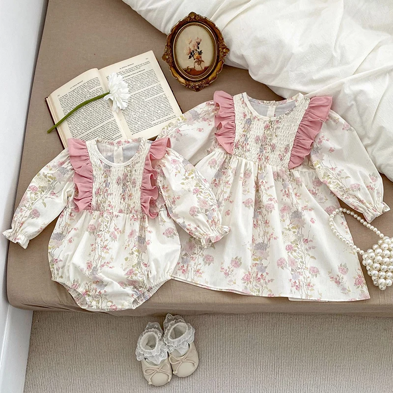 New Autumn Baby Sister Dress Cotton Floral Print Rompers Pink Ruffled Clothes Casual Dress Sister Matching Kids Clothing Outfit 6