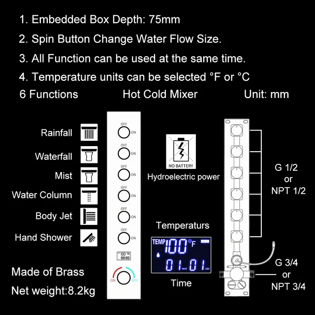 ชุดฝักบัวอาบน้ำแบบติดเพดานสีดำ M Boenn 6 ฟังก์ชั่น สำหรับคู่รัก พร้อมลำโพงเพลงในตัว ก๊อกน้ำร้อนน้ำเย็นสำหรับห้องน้ำ 2