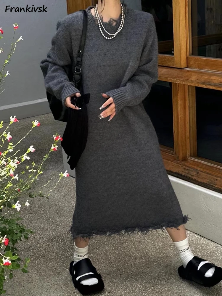 

5 Color Knitted Dresses Women Autumn Tassel Midi Loose Fashion European Style Temperament Slouchy Minority Outer Advanced New