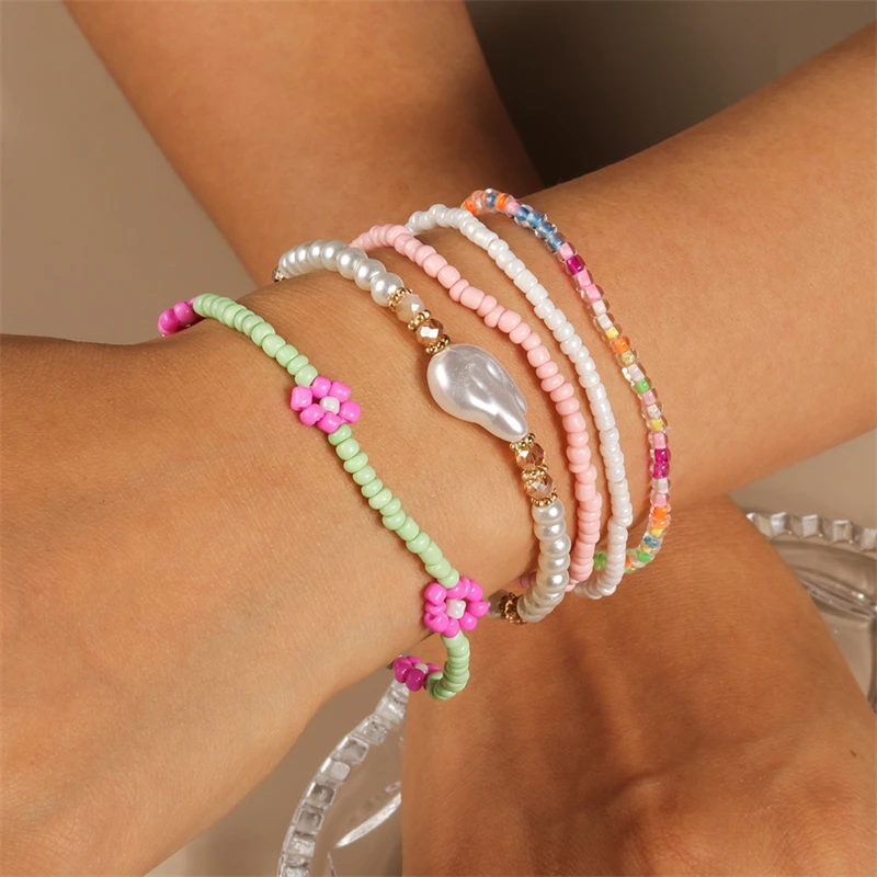 5 teile/satz böhmische handgemachte bunte Perlen Armbänder für Frauen elastische Blume Perlen Armbänder Mädchen Party Holdiay Schmuck Geschenke – Detail 3