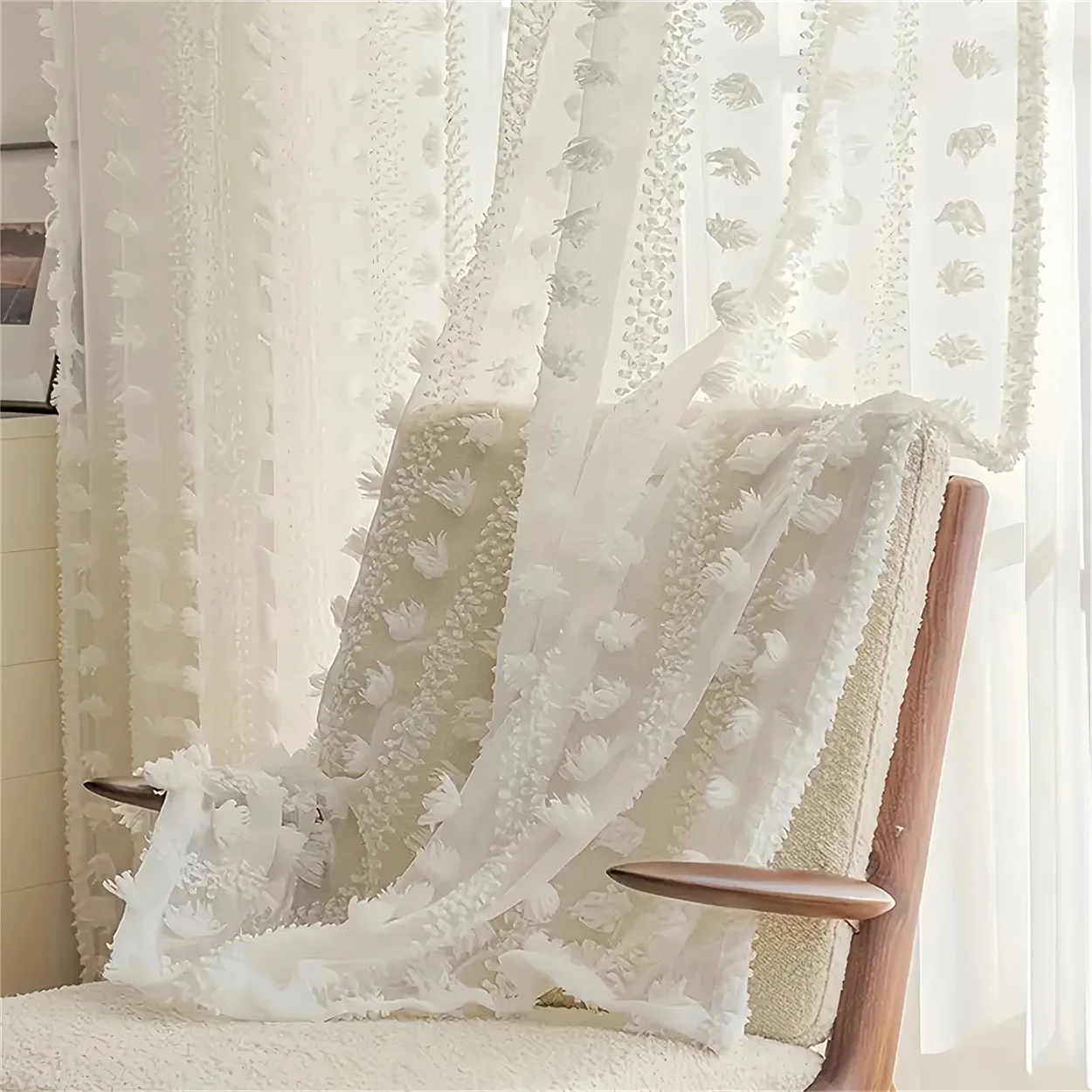 

1pc Boho-chic Elegant Semi-Sheer Curtain with Flower, Pastoral Style Flower Window Tulle, Light-Filtering Grommet Panel for Room