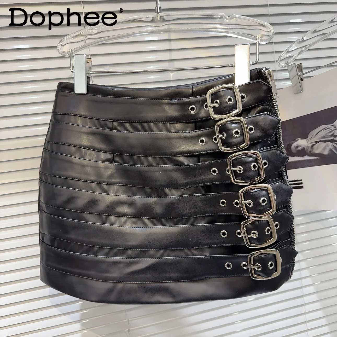 Hot Girl Metal Belt Buckle Punk Motorcycle Leather Skirt 2023 Autumn and Winter New Black Short Hip Skirt for Women Mini Skirt