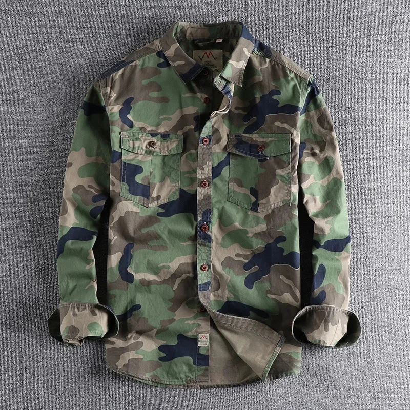 

Spring and Autumn New Men's Casual Long Sleeve Shirt Camouflage American Tooling Double Pocket Versatile