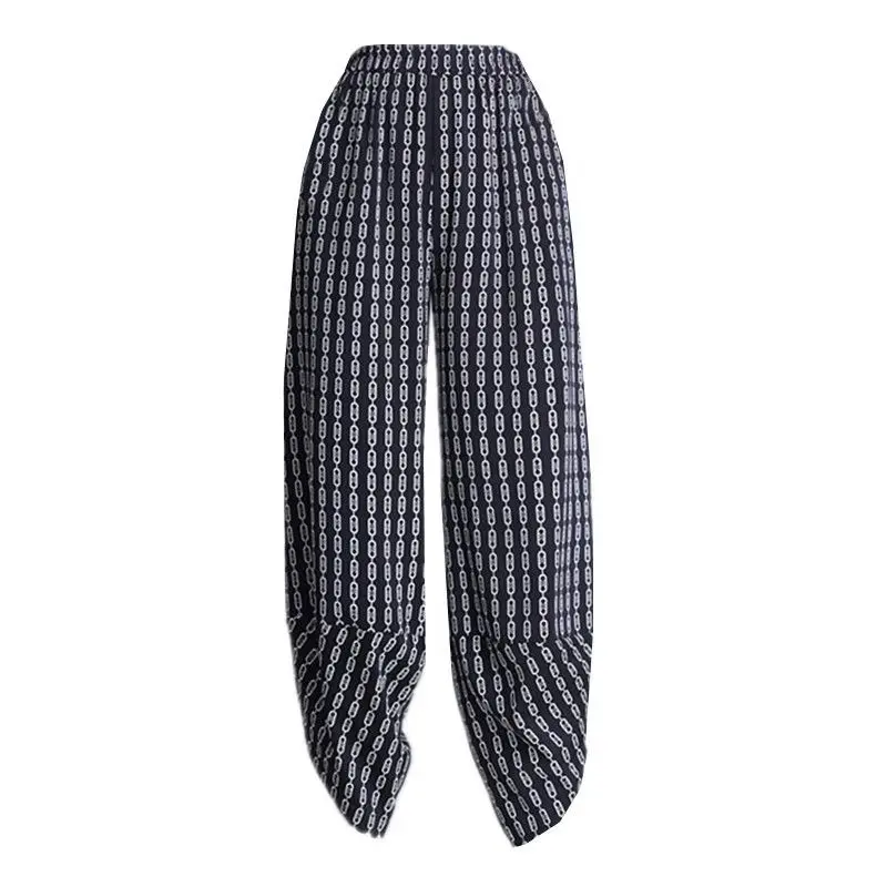 Korean Elastic High Waist Lantern Trousers Chain Printing Pockets Loose Drape Feeling Chiffon Nine Point Harlan Pants for Women