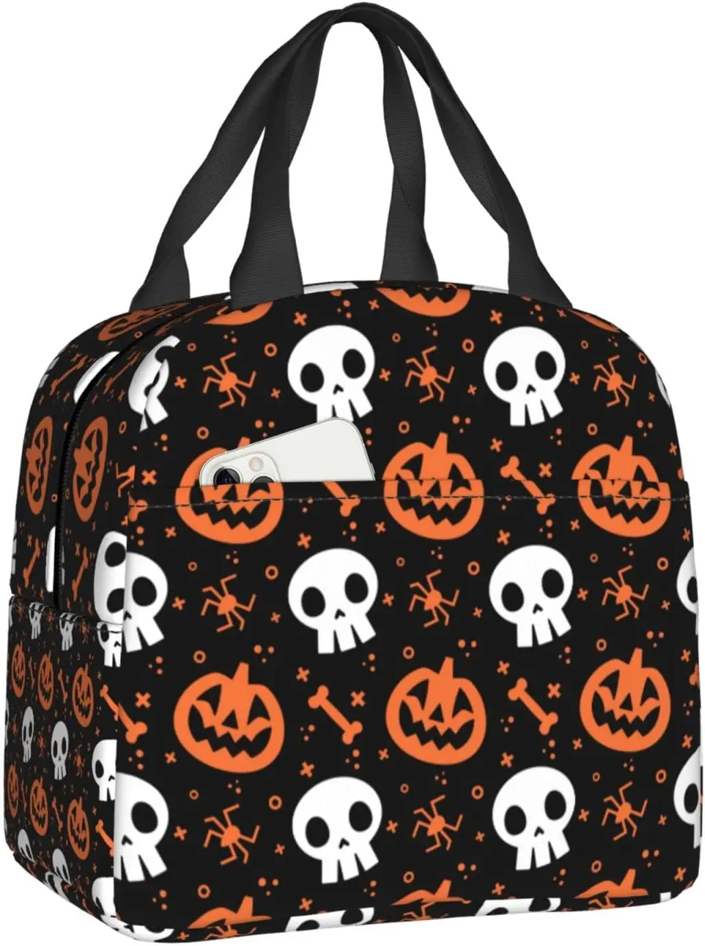 Halloween Skull and Pumpkin Lunch Bag Insulated Reusable Lunch Box Thermal Tote Bag Container Cooler Bag for Women Men Work kitsune fox lunch box multifunction thermal cooler food insulated lunch bag for women school work picnic reusable tote container