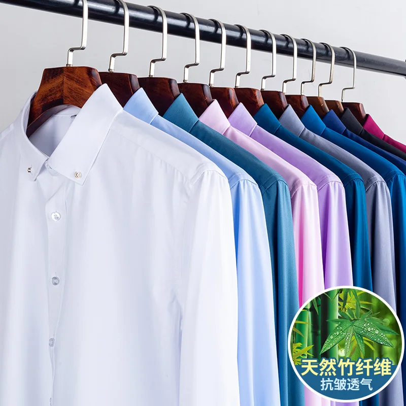 Bamboo-fiber Luxury Mens Social Elegant Shirts Long Sleeve Drill Button Formal Shirt Comfortable-Soft Business Designer Clothes