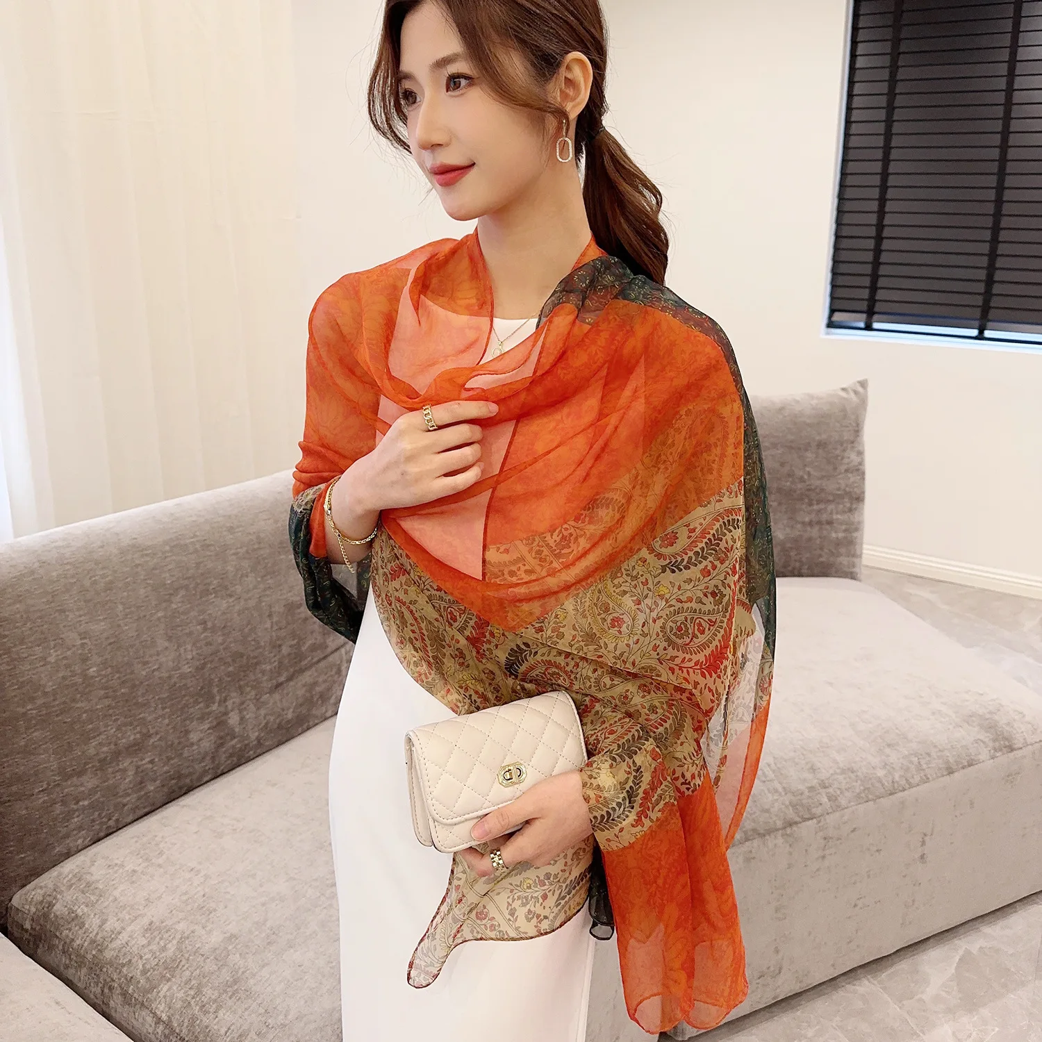 Print Silk Scarf Hijab Women Spring Deisgn Soft Beach Stoles Elegant Head Scarves Echarpe Shawl Satin Large Wrap Echarpe Bandana 2