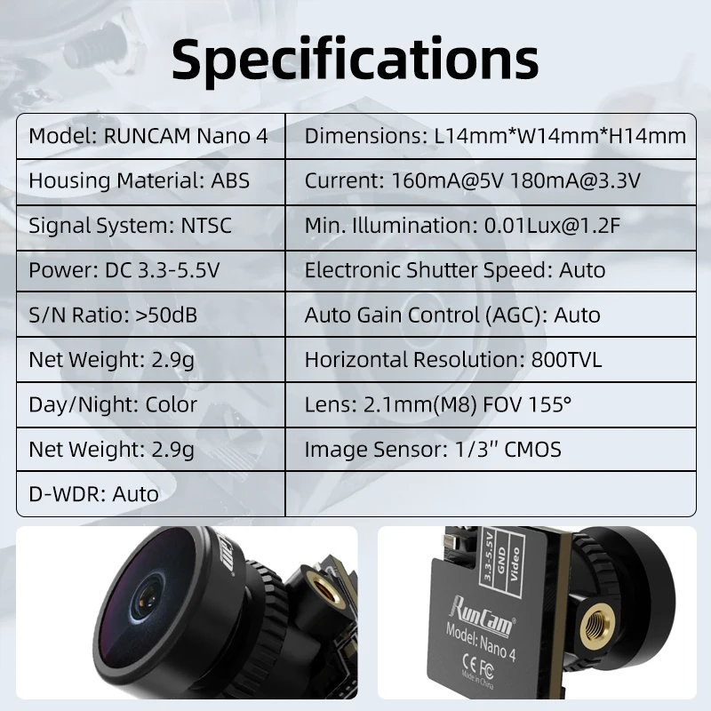 RunCam Nano 4 Caméra FPV 800TVL 155° Ultra-légère 2.9g