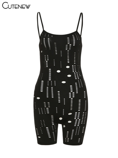 Sexy Hole Sleeveless Spaghetti Strap Skinny Playsuits Women Solid Casual Backless Stretchy Slim Rompers Lady Streetwear