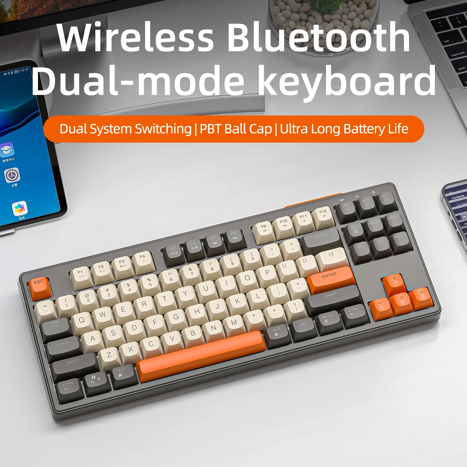 M87 Bluetooth Gaming Keyboard, 2.4G Dual Mode Connection, PBT Ball Cap, Rainbow Light, Suitable for Computers, Laptops, and Mac