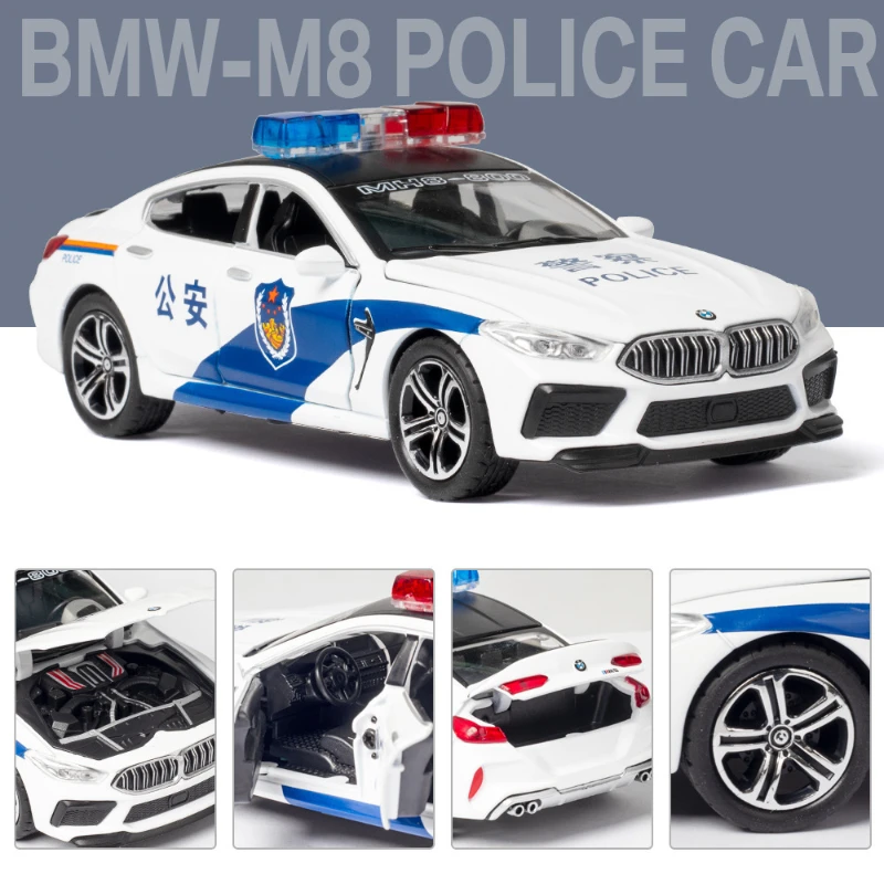 1:32 BMW M8 Car Model Decoration Simulation Alloy Car Model Police-Car Model Sound Light Toy Pull Back Car Children Gifts A29 5