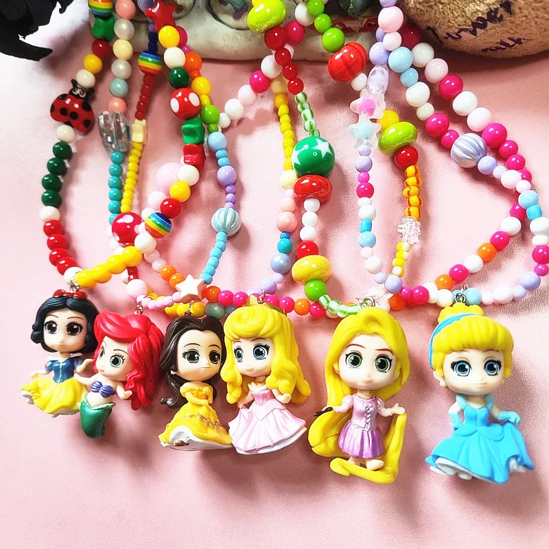 Disney Princess Mermaid Cartoon Cute Snow White Colorful Beaded Necklace Neck Chain Adult Children's Necklace Accessories