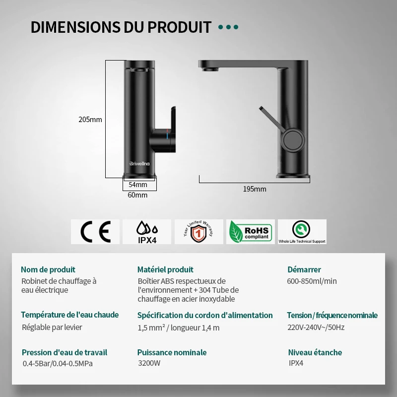 Briwellna-Robinet chauffe-eau électrique, robinet de bassin 2 en 1