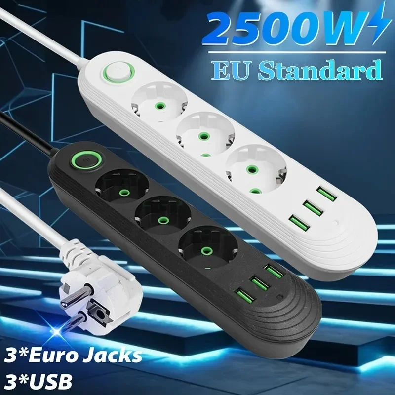 3/4/5 Euro Jacks 3 USB Power Strip with Extension 2M Cord Socket Network Filter Round Pin AC Outlet Electrical Charge Adapter