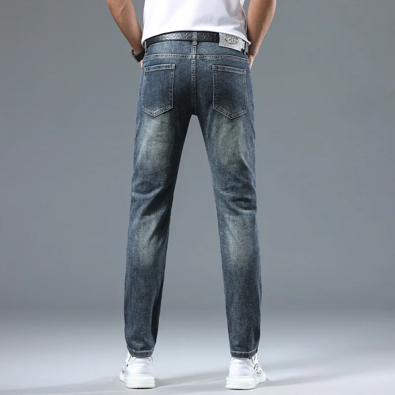 2024 New Men's Trousers Simple Slim-Fit Nostalgic Craft Rhinestone Printing Skinny Pants Cotton Elastic Fashion Brand Jeans Men