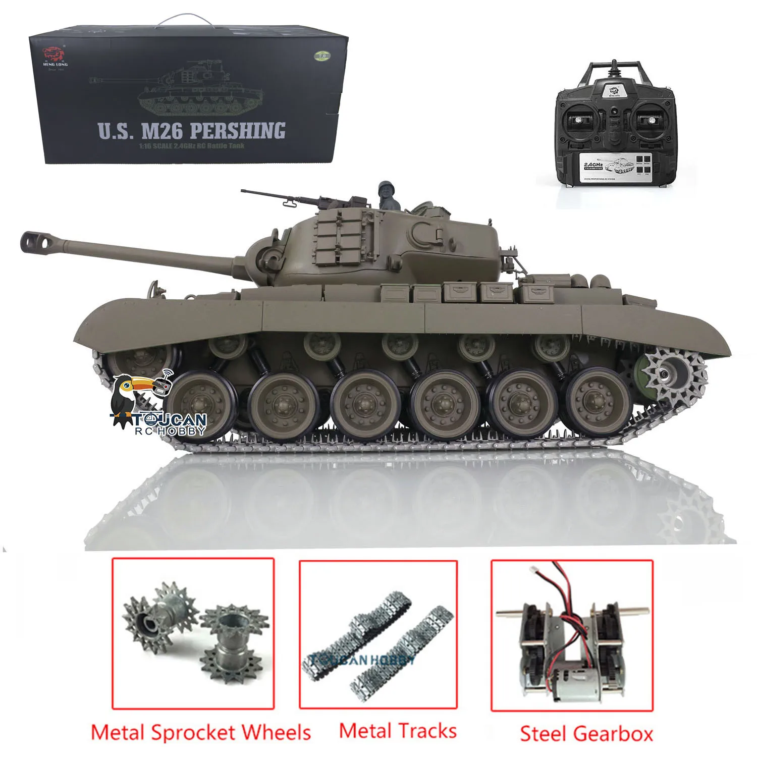 HENG LONG M26 Pershing RTR RC Tank 3838 1/16 Scale 7.0 Upgraded Metal Tracks Gearbox Idler Remote Controller Toys TH17304-SMT4 2