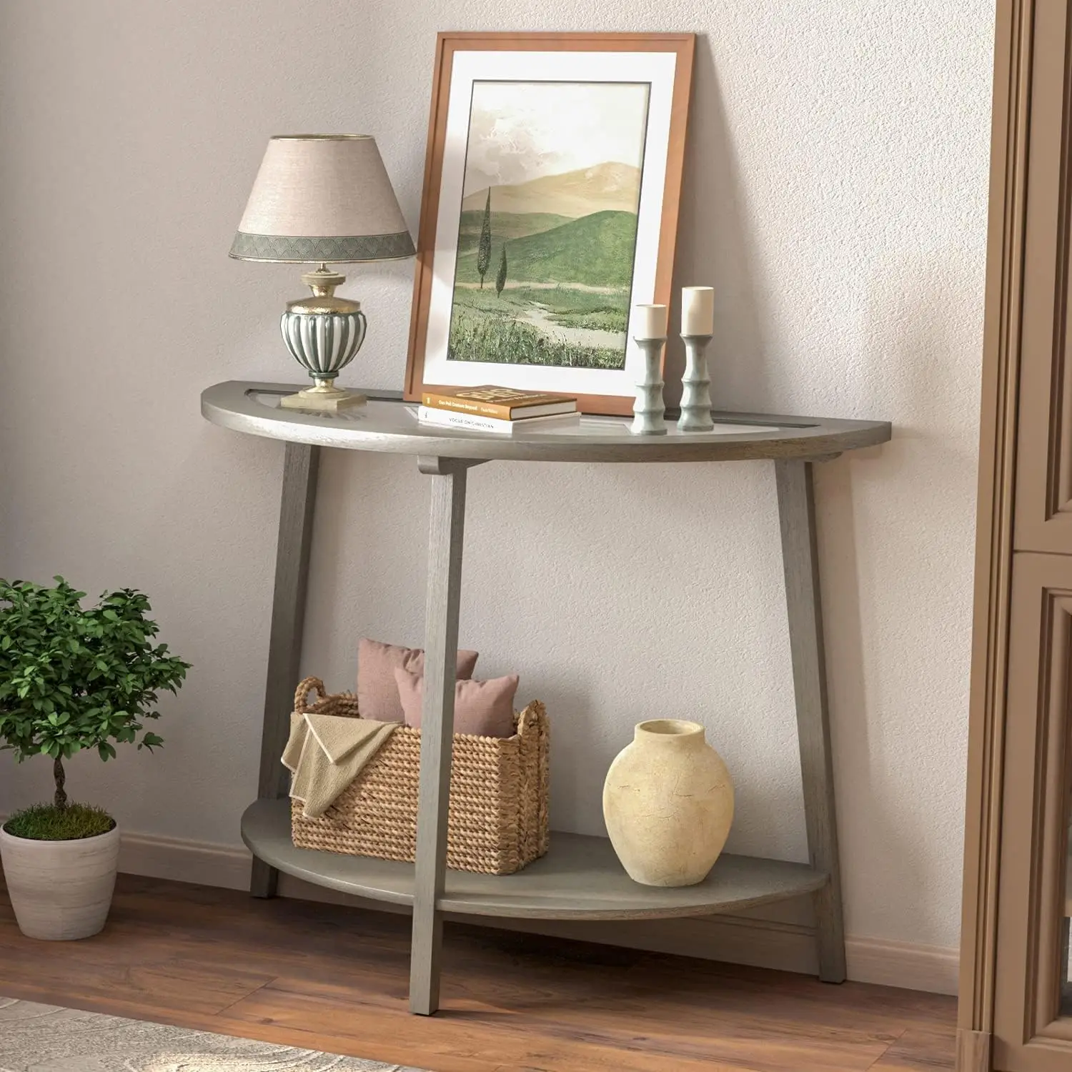 2-Tier Glass Console Table, Semi-Circular MDF Entryway Table with Storage Shelf, Modern Wood Sofa Side Table , Antique Silver
