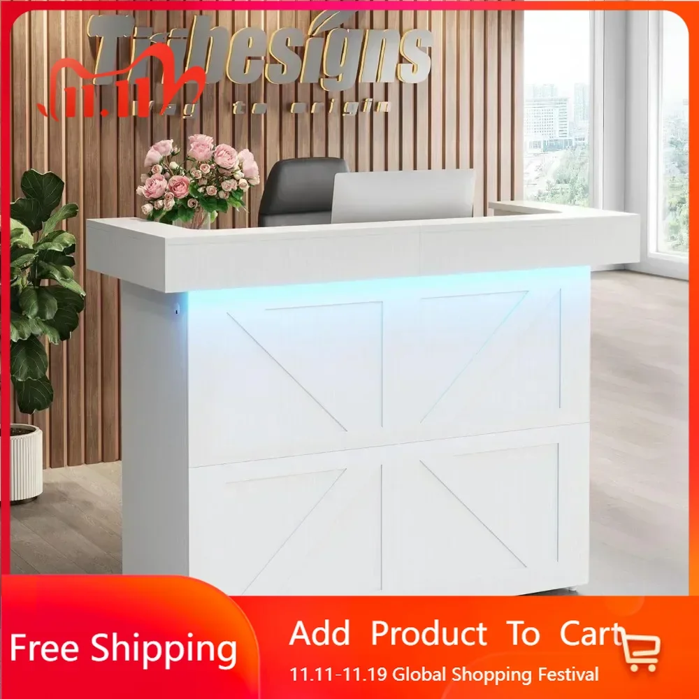 Reception Desk with Light, 55-Inch Front Desk , Modern Retail Counter Table for Salon, Lobby, Shop, Office Reception Room
