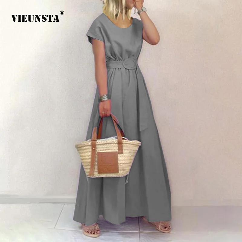 

Solid Elegant Women's Long Dresses 2023 Summer Round Neck Short Sleeve Tie Up with Elastic Waist Fashion Casual Dresses Vestido