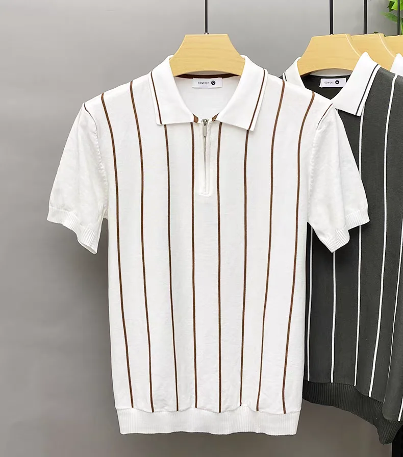 High quality summer knitted short sleeve polo shirt fashion half zipper lapel T-shirt vertical stripes comfort casual men's wear 20 S63c64feb7e1440f0b37141cb10ed2a9f0