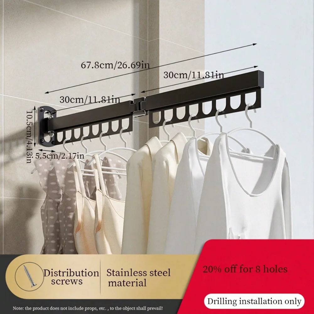 Aluminum Alloy Foldable Wall-mounted Clothes Drying Rack, No Drill Balcony Hanger for Hotel/Home Indoor Outdoor Use