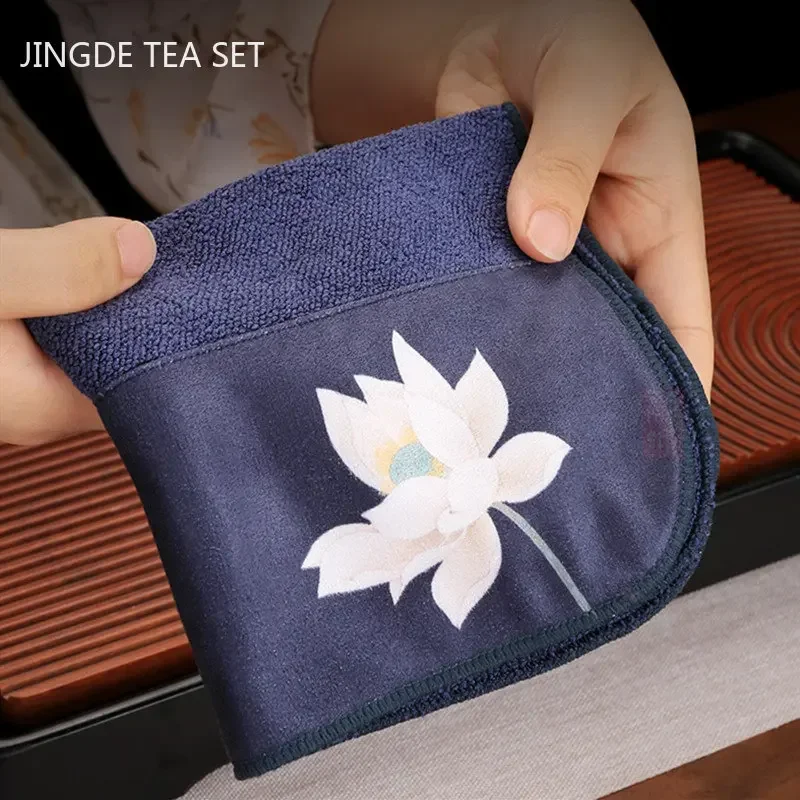 Painted Lotus Zen Tea Towel Upscale Tea Set Absorbent Towel Thickened Plush Cloth Tea Table Cleaning Rag Teapot Pad Accessories