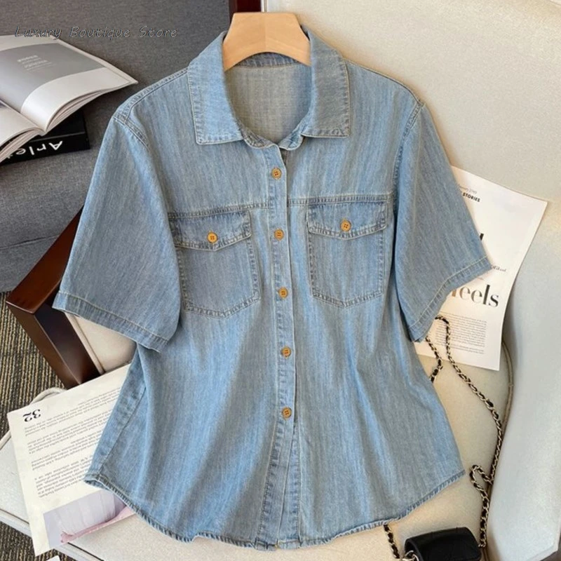 Short Sleeve Lapel Shirts + Elastic Waist Shorts Thin Denim Summer 2 Piece Set Single Breasted T-shirts Trouser Women Outfits