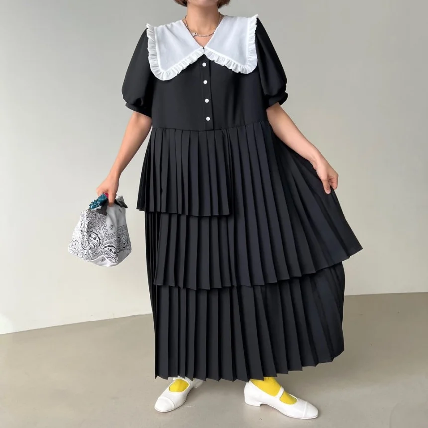 

Sweet Women Loose Contrast Color Pleated Dress Peter Pan Collar Summer Short Sleeve Button Irregular Long Vestidos Casual I298