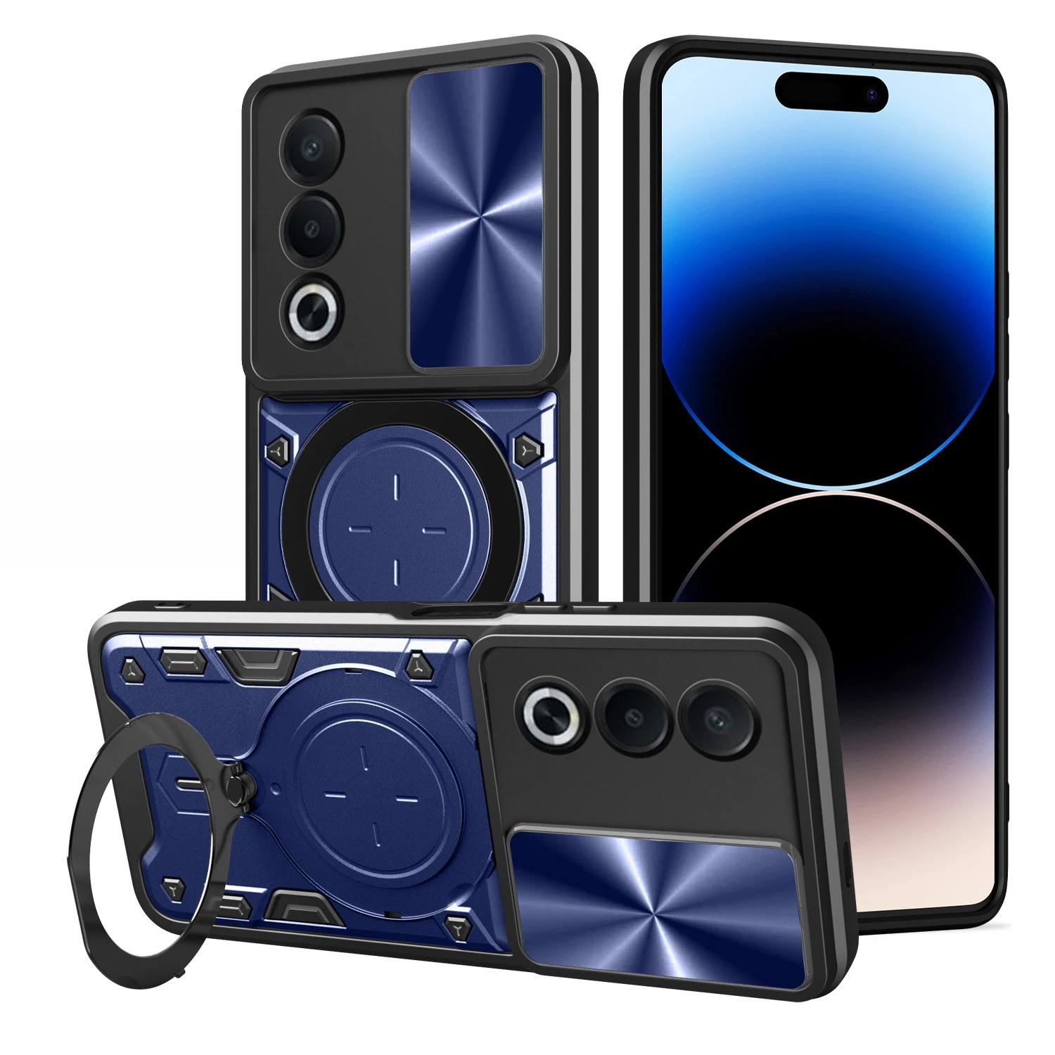 Premium Lens Slide Cover Phone Case with Rotating Magnetic Ring Holder and Durable Hard Shell Protective Cover
