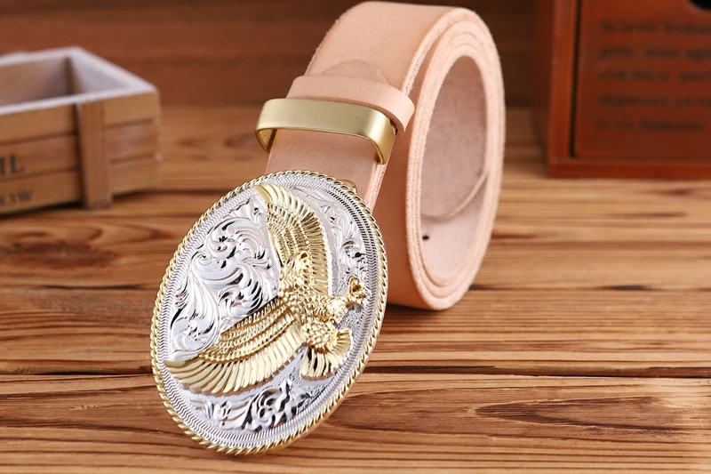 gold eagle big buckle full grain real leather 100% genuine leather hawk mens belts luxury high quality camel brown cowboys women
