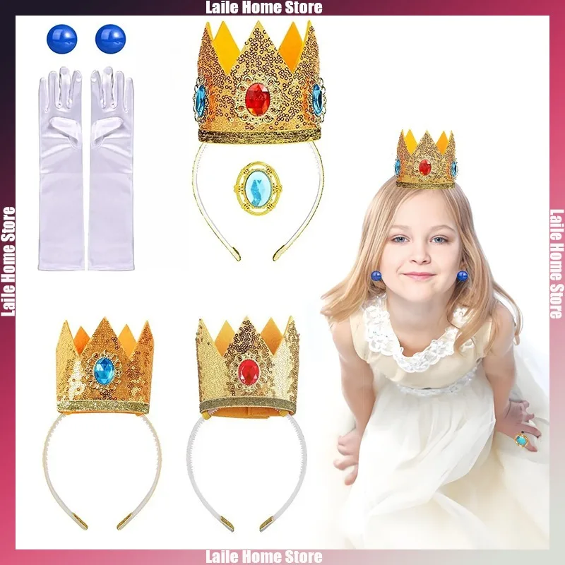 4pcs/set Princess Peach Cosplay Prop Decorative Accessories Crown Gloves Earwear Set Party Carnival Holiday Dress Up Girls Gifts